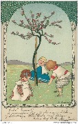 (3 enfants au pied d'un arbre en fleurs)