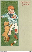 Fröhliche Ostern (enfant portant des oeufs bousculé par un chien)