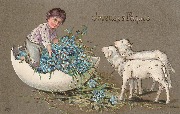 Joyeuses Pâques(garçonnet dans un oeuf rempli de myosotis et 2 agneaux face à lui) 