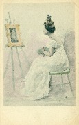 Femme assise sur une chaise admirant une peinture sur chevalet