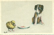 Canneton et chiot à côté d'une petite assiette Canneton et chiot à côté d'une petite assiette