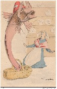 Femme bretonne face à un poisson géant avec bonnet phrygien