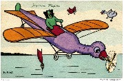 Joyeuses Pâques (Chat vert pilotant un avion-oiseau violet)