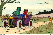 Joyeuses Pâques (chat vert et chatte rouge emportant un poussin à bord d'une automobile)