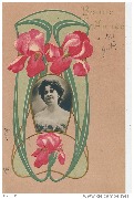 Portrait de femme incrusté dans cadre art nouveau au glaïeulsaux fleurs