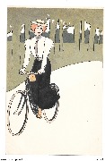 Femme avec chapeau canotier roulant à vélo au bois 