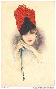 (femme au haut chapeau noir et rouge, s'appuyant sur une ombrelle)