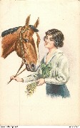 (Femme brune tenant le licol d'un cheval)