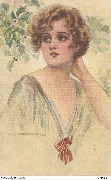 (Portrait d'une femme avec une robe grise ornée d'un noeud rouge et blanc)