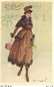 Bonne Année (Sous la neige, femme tenant du gui et un cadeau)