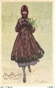 Bonne Année (Sous la neige, femme avec les mains dans son manchon)