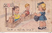Alleman gediend(fillette jouant à la contrôleuse de train-wagons caisses en bois)