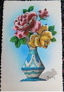 (roses rose et jaune dans un vase bleu et blanc) 