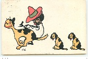 Chat monté par un enfant nooir et deux chiens