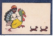 Enfant noir montant un Dindon de bois et trois chats