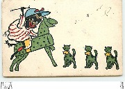 Enfant noir montant un cheval de bois vert et trois chats