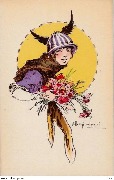 Femme en buste dans un cercle avec bouquet de fleurs et bonnet ailé
