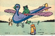 (Chat vert pilotant un avion-oiseau violet au dessus d'un lac)