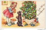 Gelukkig Kerstfeest (fillette avec biscuit devant chien qui fait le beau devant sapin de noël)