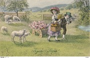 Joyeuses Pâques !(2 enfants tirant un chariot rempli de fleurs traversent un paturage  de brebis)