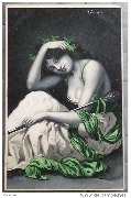 Jeune femme assise en robe blanche, gros ruban vert et canne ? &agrave; gros pommeau 