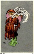 Femme au manteau de renard, avec un grand chapeau orn&eacute; d'un oiseau blanc