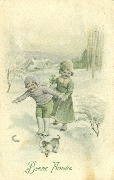 Bonne ann&eacute;e. (gar&ccedil;on en patin &agrave; glace et fillette avec chiot en laisse)
