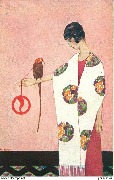 (femme avec un perroquet pos&eacute; sur le bras)