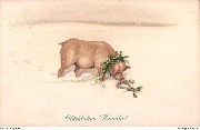 Gl&uuml;ckliches Neujahr!(dans la neige, un cochon trouve un fer &agrave; cheval)