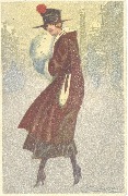Femme se promenant sous la neige,chapeau noir &agrave; pompon rouge