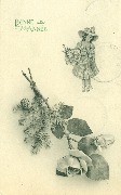 Bonne ann&eacute;e. (Femme et fillette avec bouquet de roses et rose et branche de sapin gros plan)