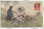 Joyeuses P&acirc;ques (couple romantique dans un pr&eacute; avec 2 paniers de roses)