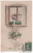 Heureuse Ann&eacute;e! (une petite fille trouve &agrave; sa fen&ecirc;tre un panier rempli de cadeaux)