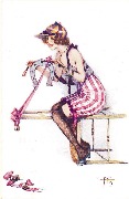 Femme assise sur dos chaise+fer &agrave; cheval