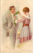Bompard. Femme nouant la cravate d'un homme &eacute;l&eacute;gant