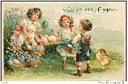 Heureuses P&acirc;ques (fillettes proposant un oeuf de P&acirc;ques &agrave; un jeune gar&ccedil;on)
