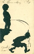 Le Manneken-Pis, Quelle année ! (carte silhouette collée) rehaussée à la plume