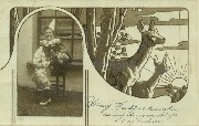 Photo d'un Pierrot assis dans cadre illustré avec deux biches