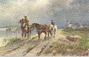 (Chevaux de labour au pas,deux mont&eacute;s,village et lac) 