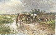 (Deux chevaux de labour s'abreuvant,paysan au repos,panier de repas,charrue)