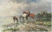 (Trois chevaux dont un blanc et un poulain,le cheval alezan mont&eacute;-au bord d'un lac) 