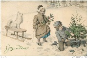 Joyeux No&euml;l (2 enfants avec un traineau, l'un d'eux scie un sapin)