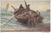 (d&eacute;part d'une barque de p&ecirc;che par grosse houle)