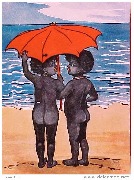 (deux enfants noirs &agrave; la plage sous une ombrelle rouge) 
