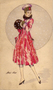 Sager. Croquis Parisiens. Femme en rouge avec manchons