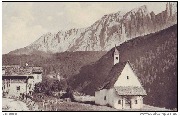 Paysages choisis du Tyrol. (chapelle pr&egrave;s d'un village, au fond massif montagneux)