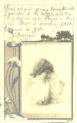 Fillette dans d&eacute;cor art nouveau au coquelicot