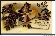 Fantaisie. Bonne Ann&eacute;e. Chaton sortant d'un cadeau