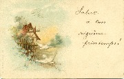 Deux colombes avec maison dans fond bucolique