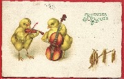 Joyeuses P&acirc;ques (deux poussins musiciens violon,violoncelle)